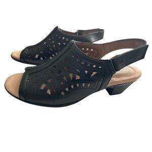 Rockport Cobb Hill Abbott High Vamp Sling Sandals Black Leather Open Toe Size 9.